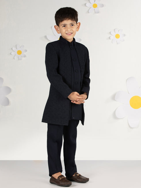 Boy's' Navy Blue Open Indowestern Set
